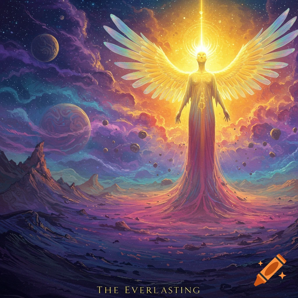 A radiant winged figure stands in a surreal cosmic landscape with planets and glowing clouds.