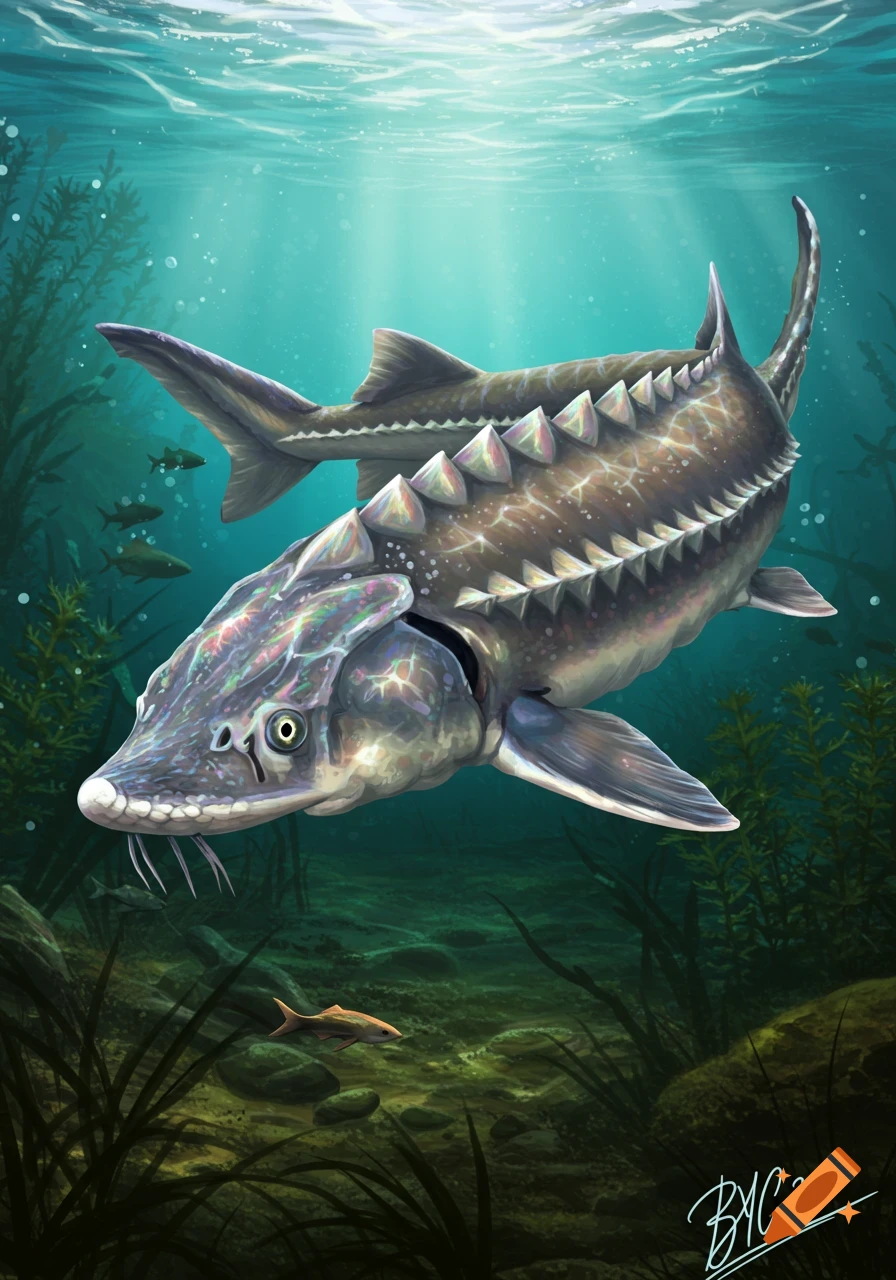 A sturgeon swims through clear water surrounded by aquatic plants.