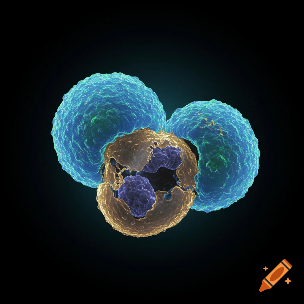 Microscopic view of natural killer cells interacting with a dead cell.