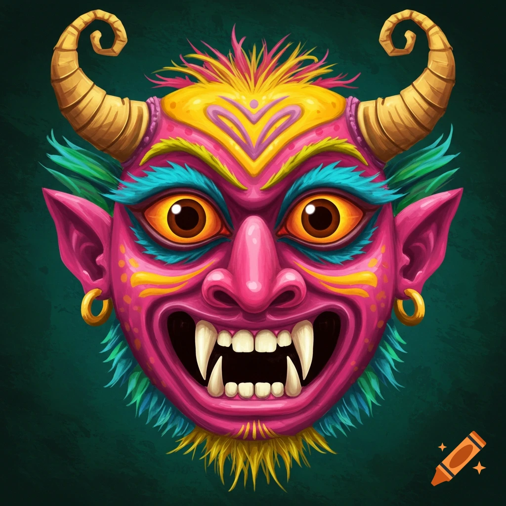 A vibrant, stylized mask with horns, sharp teeth, and pink, yellow, blue, green colors.