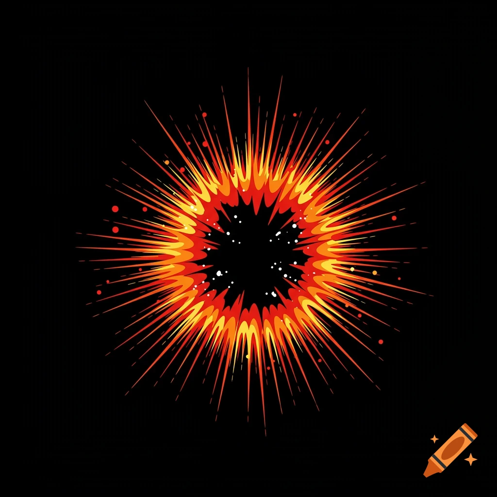 Stylized red and orange explosion symbol on a black background.