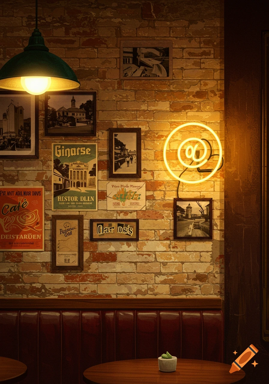 A vintage cafe interior featuring a brick wall adorned with framed pictures, signs, and a glowing neon @ sign, with tables in the foreground.