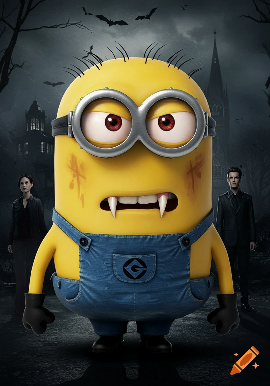 A Minion dressed as a vampire stands in a spooky graveyard with bats and figures in the background. 3D render.