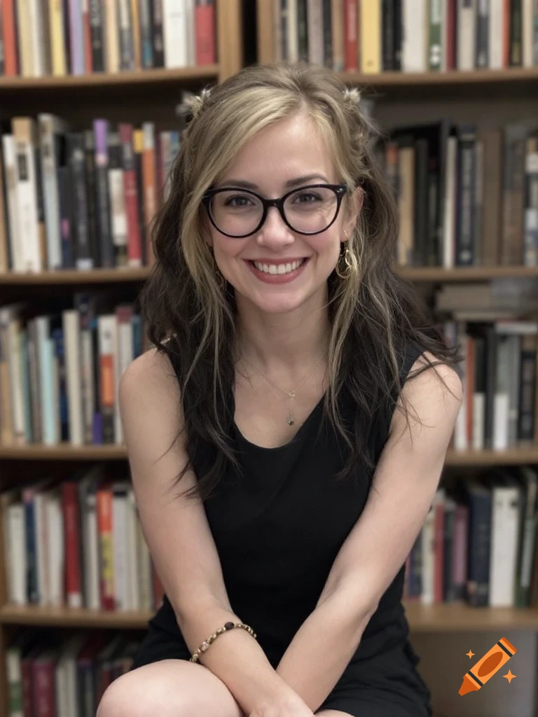 A smiling woman with glasses sits in front of a bookshelf.