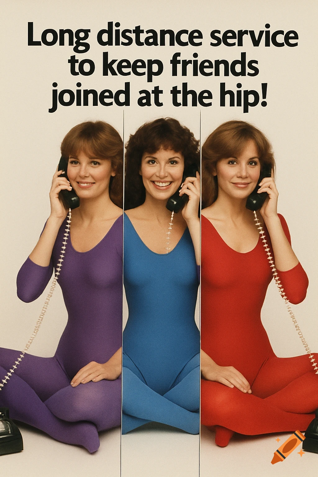 Vintage-style ad shows three women in purple, blue, and red leotards composited into one body, talking on phones with text about long distance service.