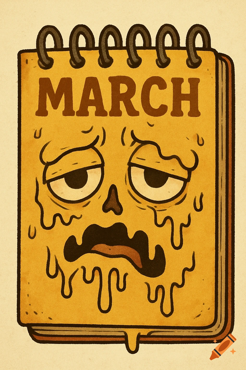 Cartoon illustration of a calendar page with a melting face that says MARCH.