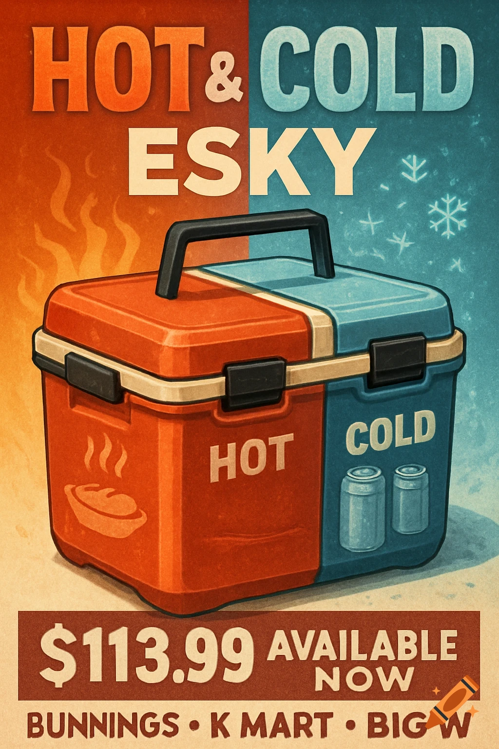 Poster advertising a two-sided hot and cold cooler with price $113.99 and store names Bunnings, Kmart, Big W.