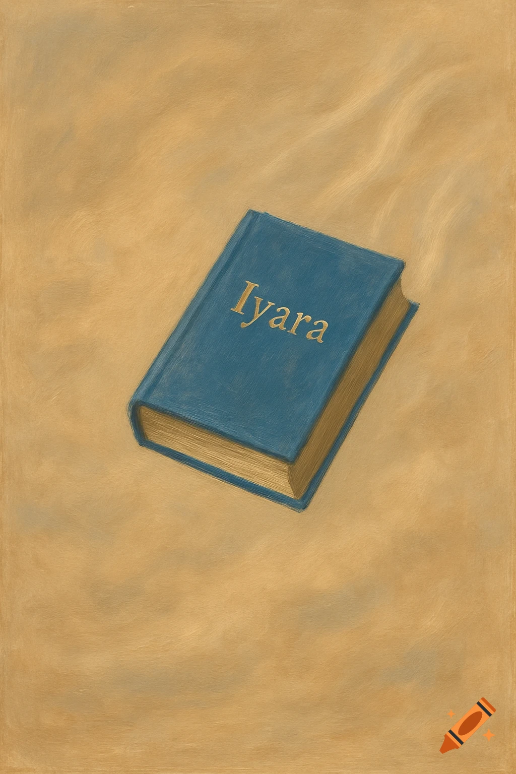 Blue book with 'Iyara' on cover floating against beige background, illustration