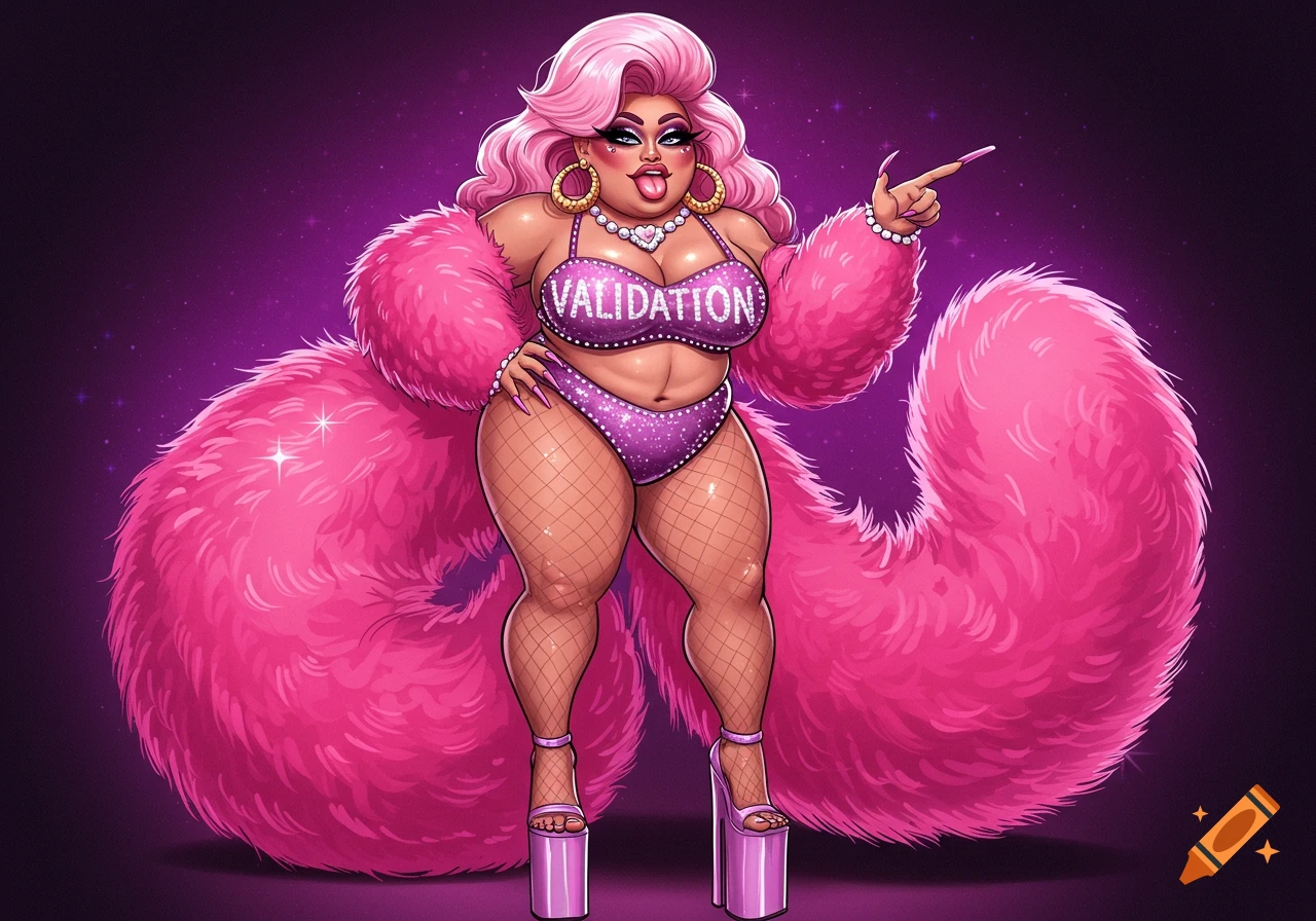 Stylized illustration of a drag queen in a pink fur boa, sparkly top with 'VALIDATION', fishnets, and platforms, pointing.