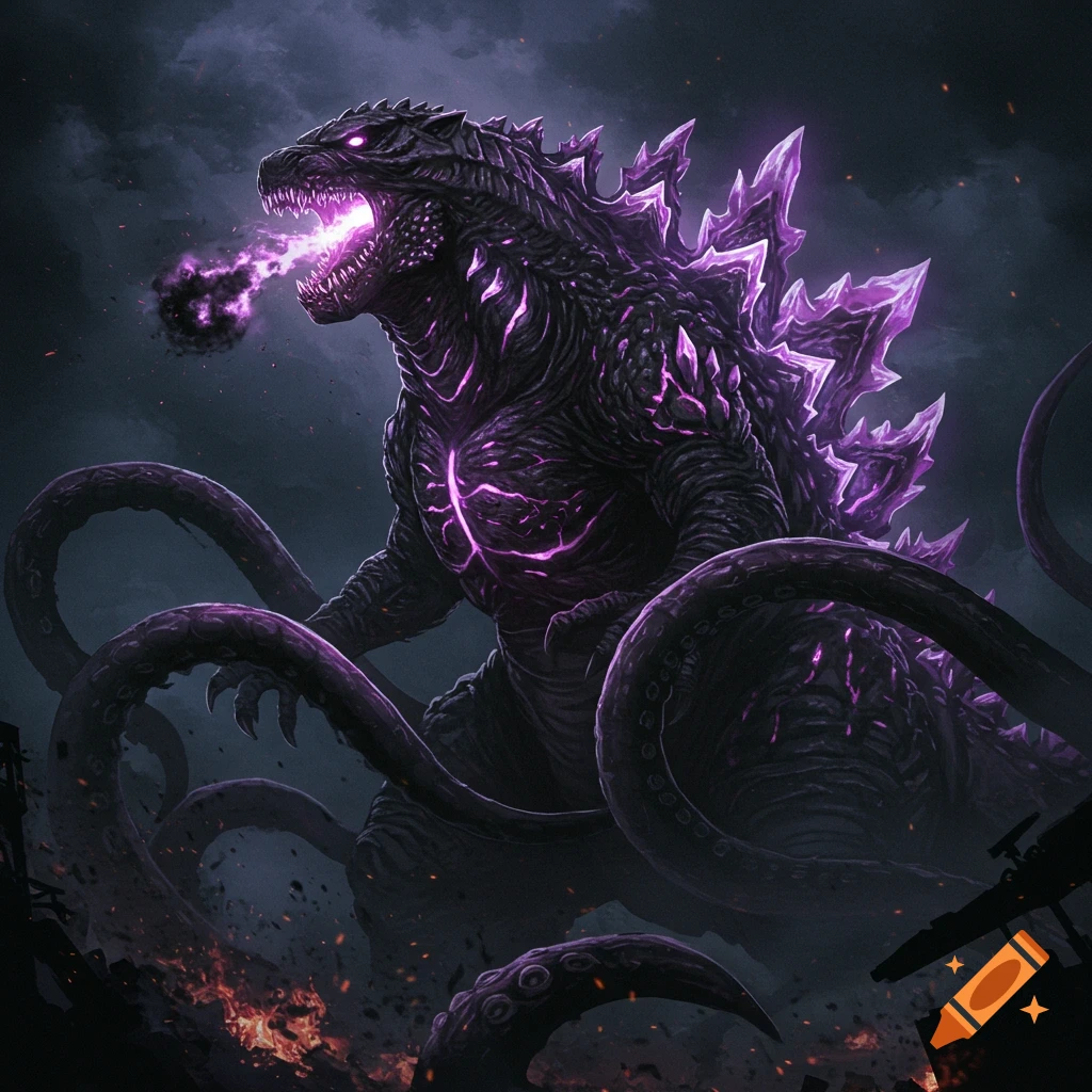 Dark monster with purple glowing spikes and tentacles breathing purple energy in a destroyed city.