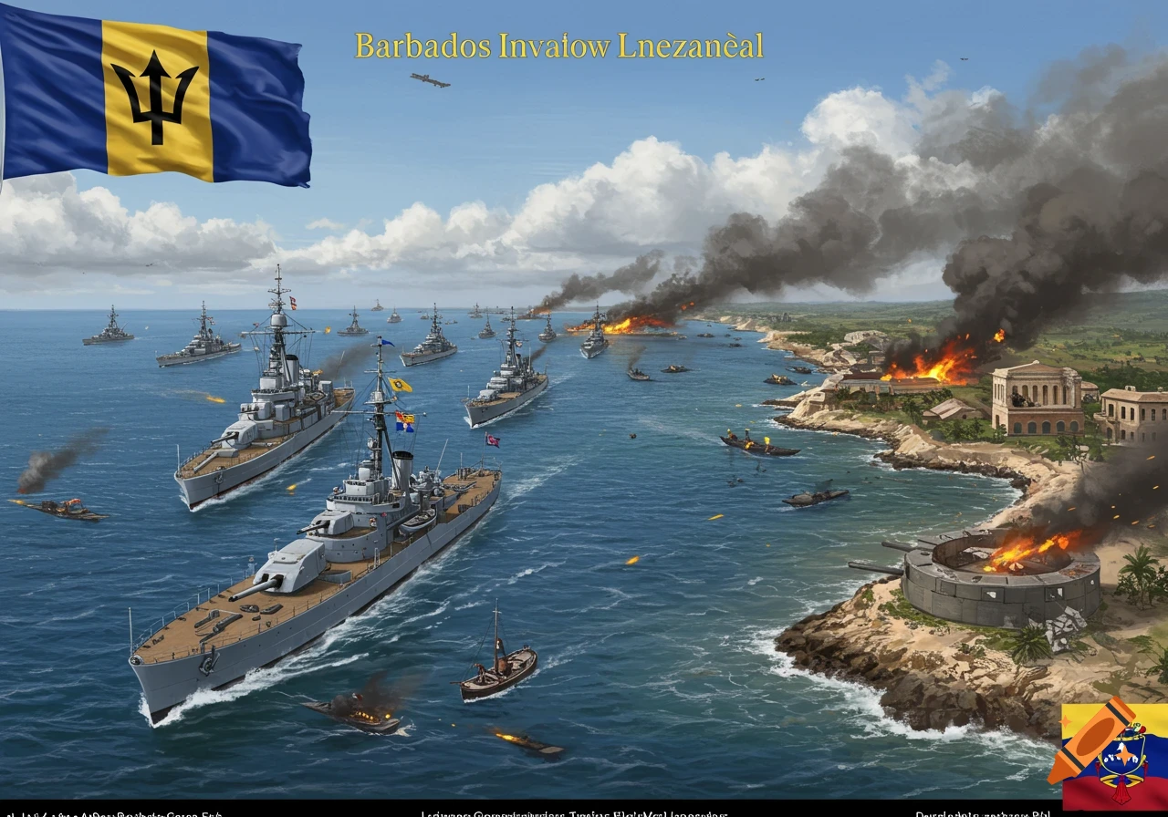 A fleet of warships battles off a coastline with buildings burning, under a Barbados flag, stylized.