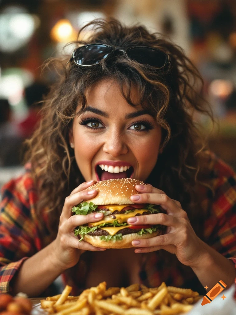 Woman with curly hair and sunglasses smiles while biting into a large burger, pile of fries in foreground.