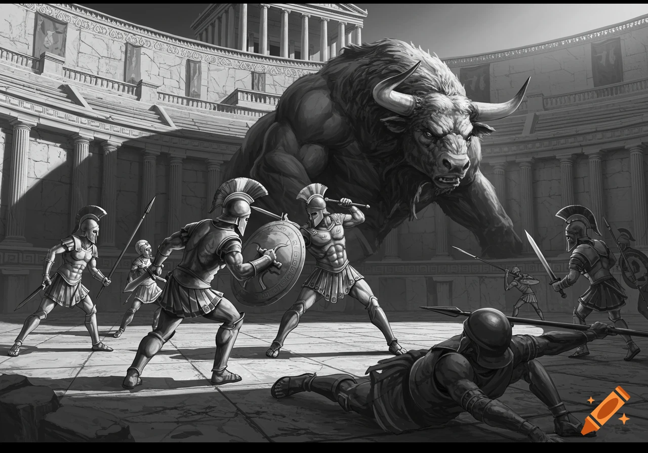 Black and white illustration of Greek warriors fighting a Minotaur in an arena.