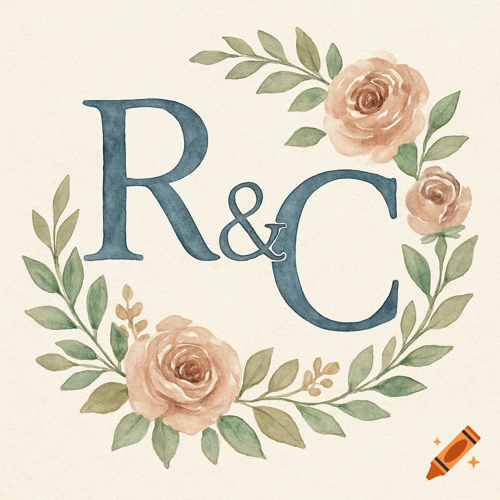 Watercolor monogram with R & C initials inside a floral wreath.