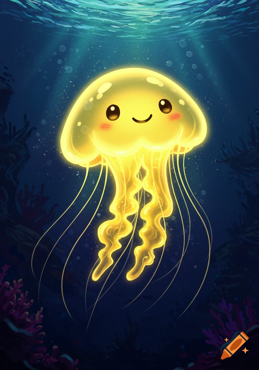 A cute, glowing yellow cartoon jellyfish with a smiley face floats in deep blue water with coral and sun rays.
