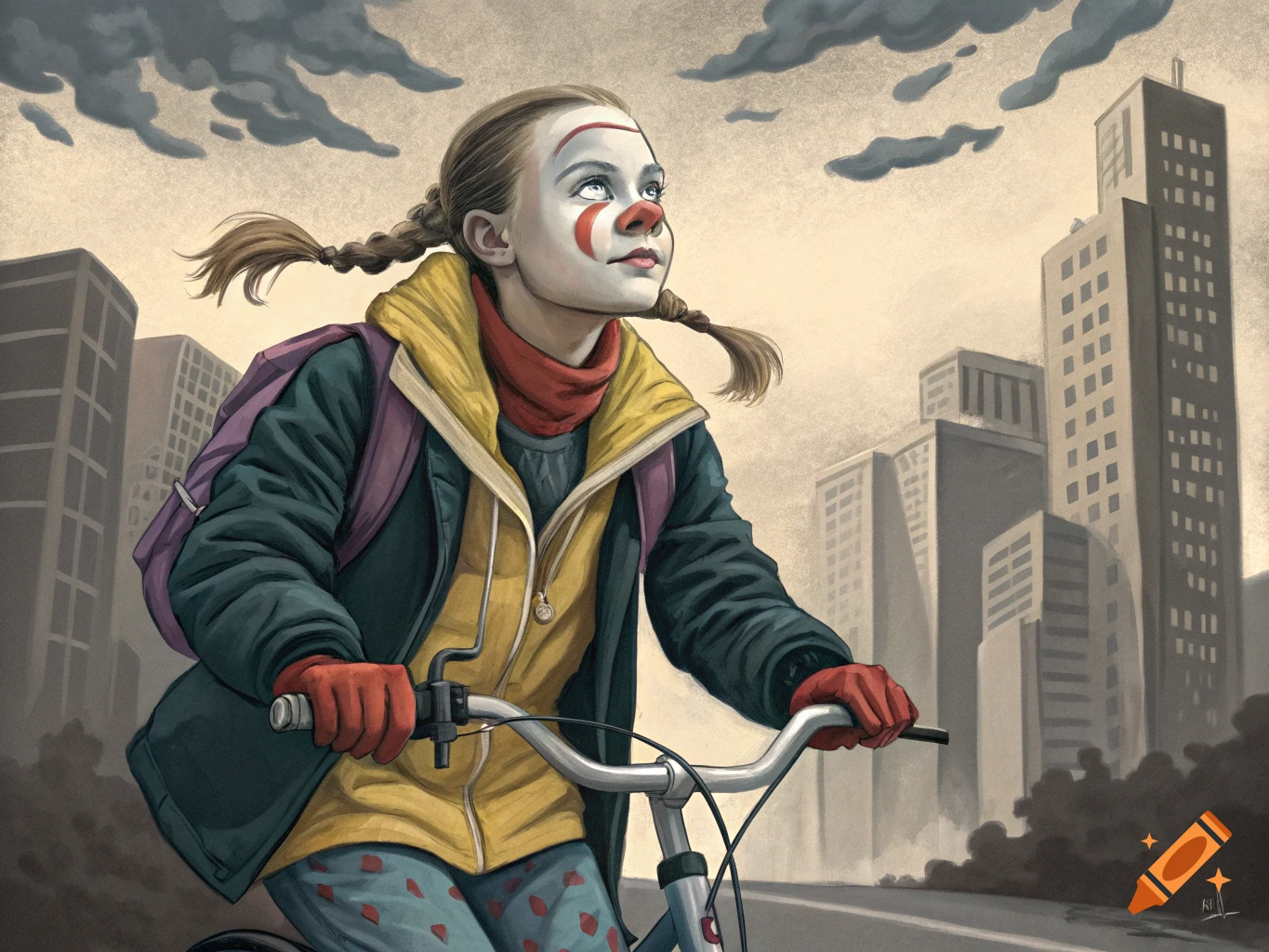 Illustration of a young person with clown makeup and braids riding a bicycle through a city street.