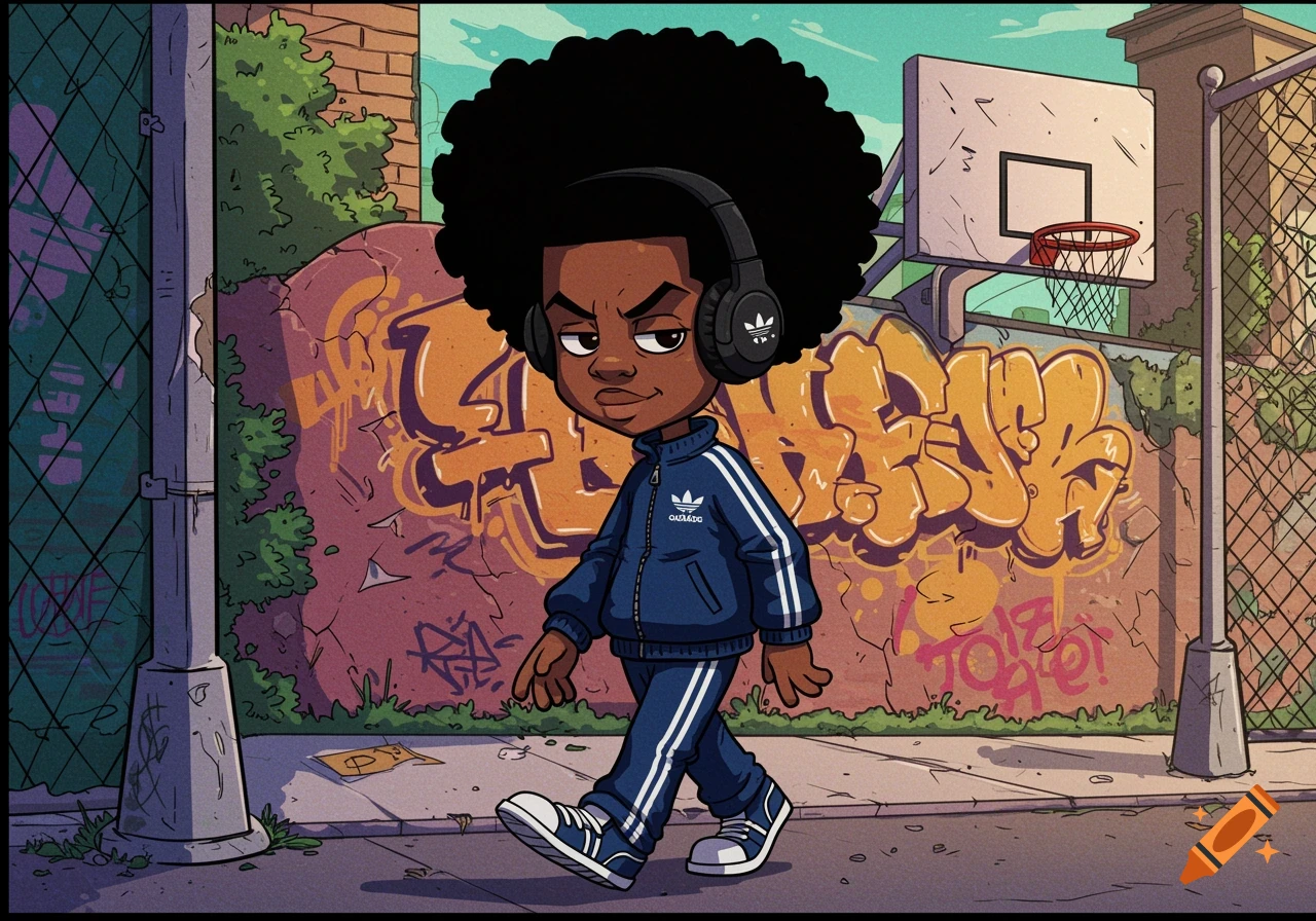 Cartoon of a black teen with afro, headphones, and Adidas tracksuit walking past graffiti and a basketball hoop.