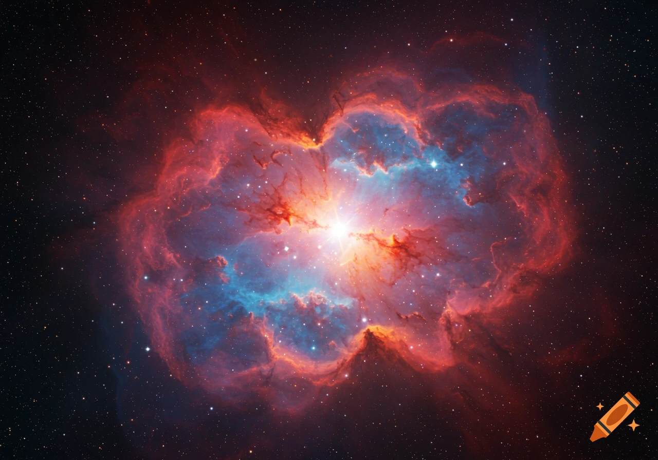 A vibrant space nebula with red and blue gas clouds surrounding a bright central star.