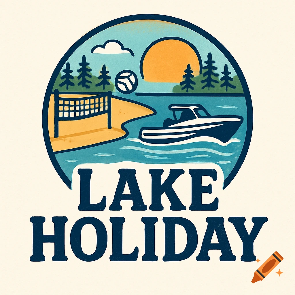A stylized circular logo featuring a beach with a volleyball net, a boat on a lake, trees, and a sun, with the text "LAKE HOLIDAY" below.