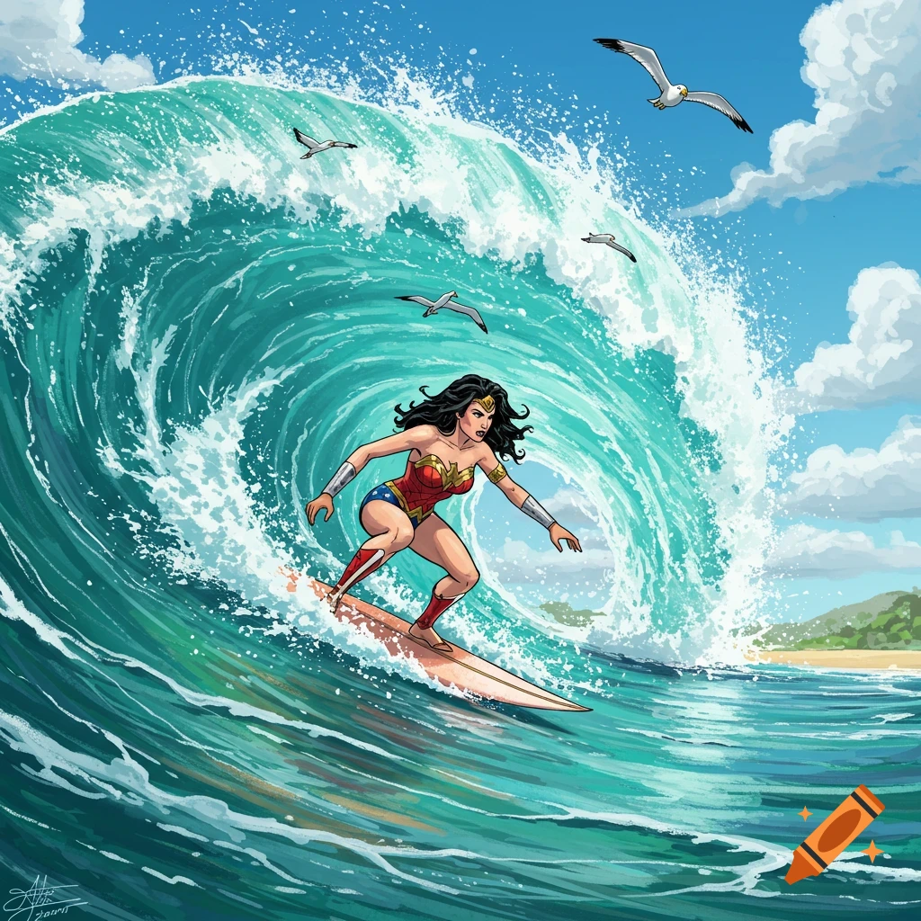 Wonder Woman rides a large wave on a surfboard in an illustration.