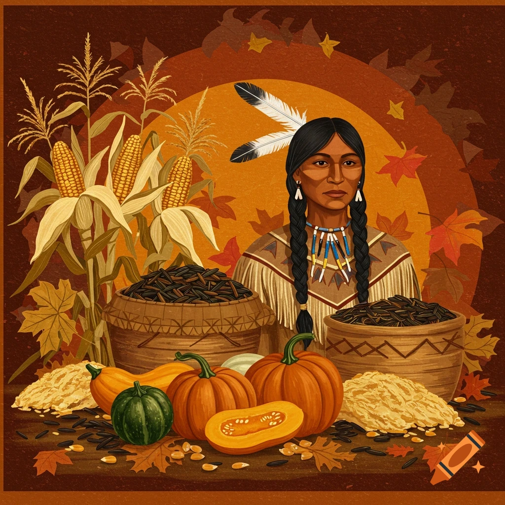 Native American woman with harvest bounty of corn, pumpkins, and seeds in cultural art style.