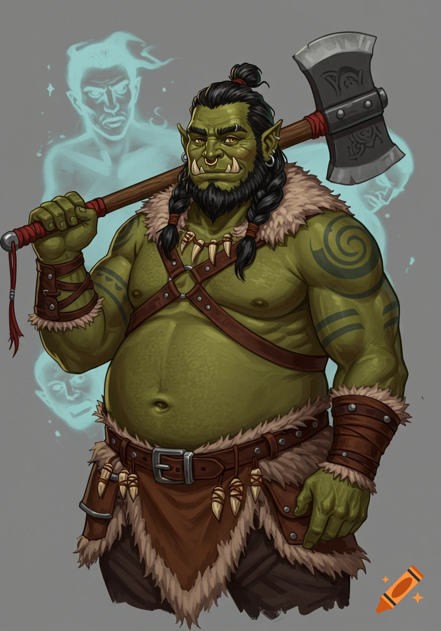 A muscular green-skinned orc character with a belly, holding a large axe, wears furs and leather. Ghostly figures behind him.