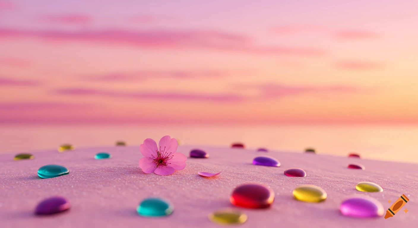 Pink flower on a beach with colorful pebbles and a pink sunset.