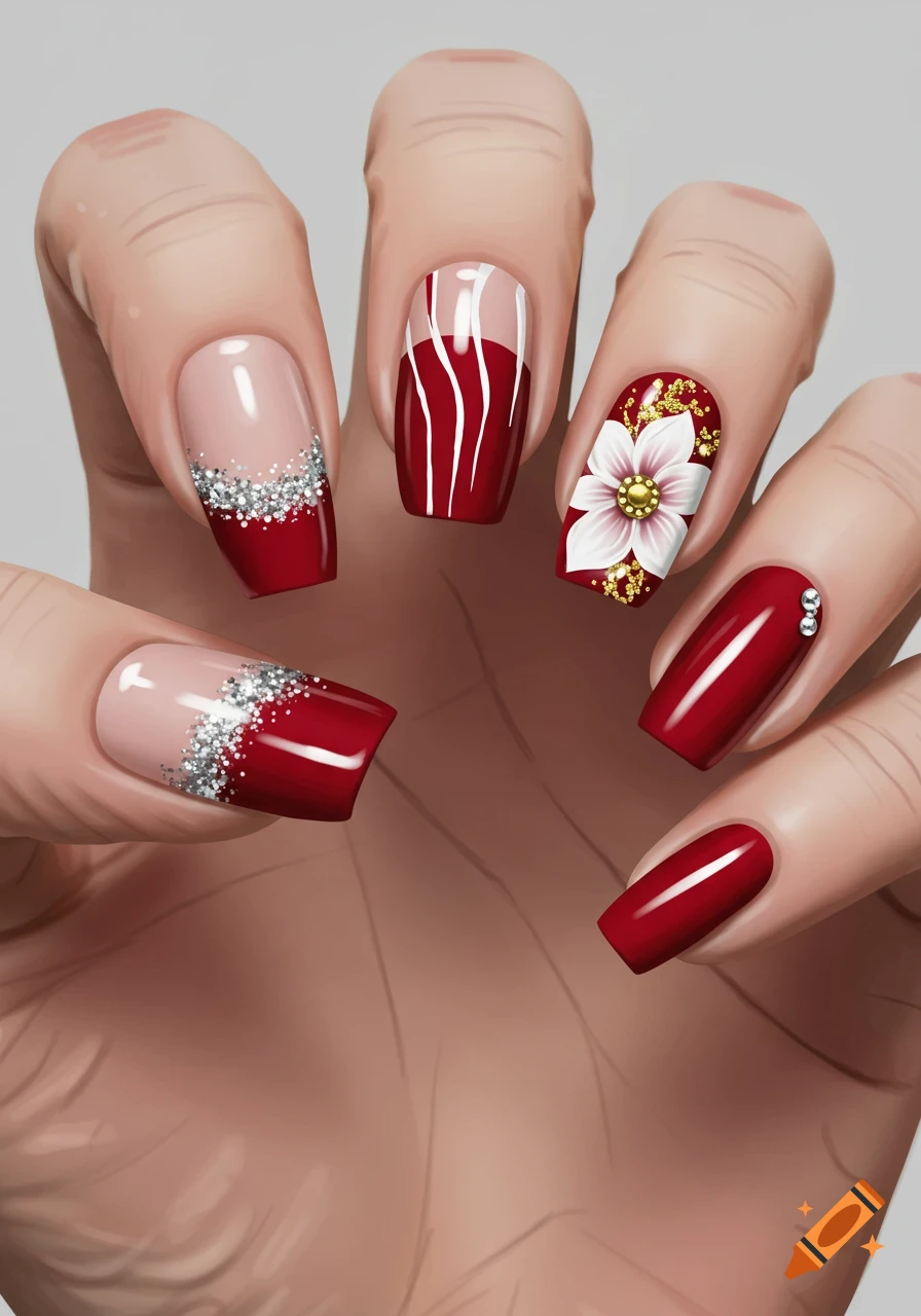 Closeup of a hand with red and silver glitter french manicure and a white flower accent nail.