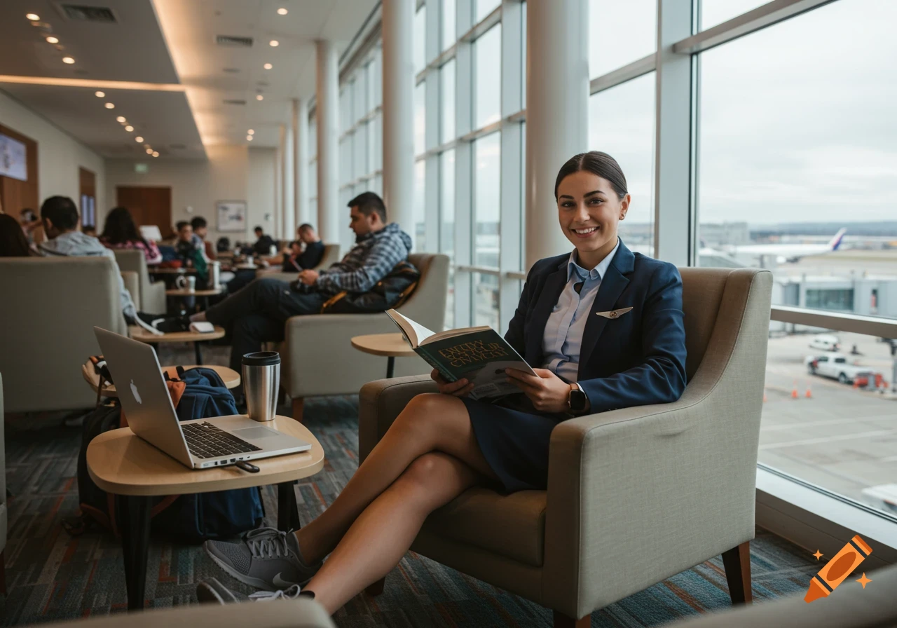 A flight attendant sits in an airport lounge reading a book, with a laptop on a table beside her.