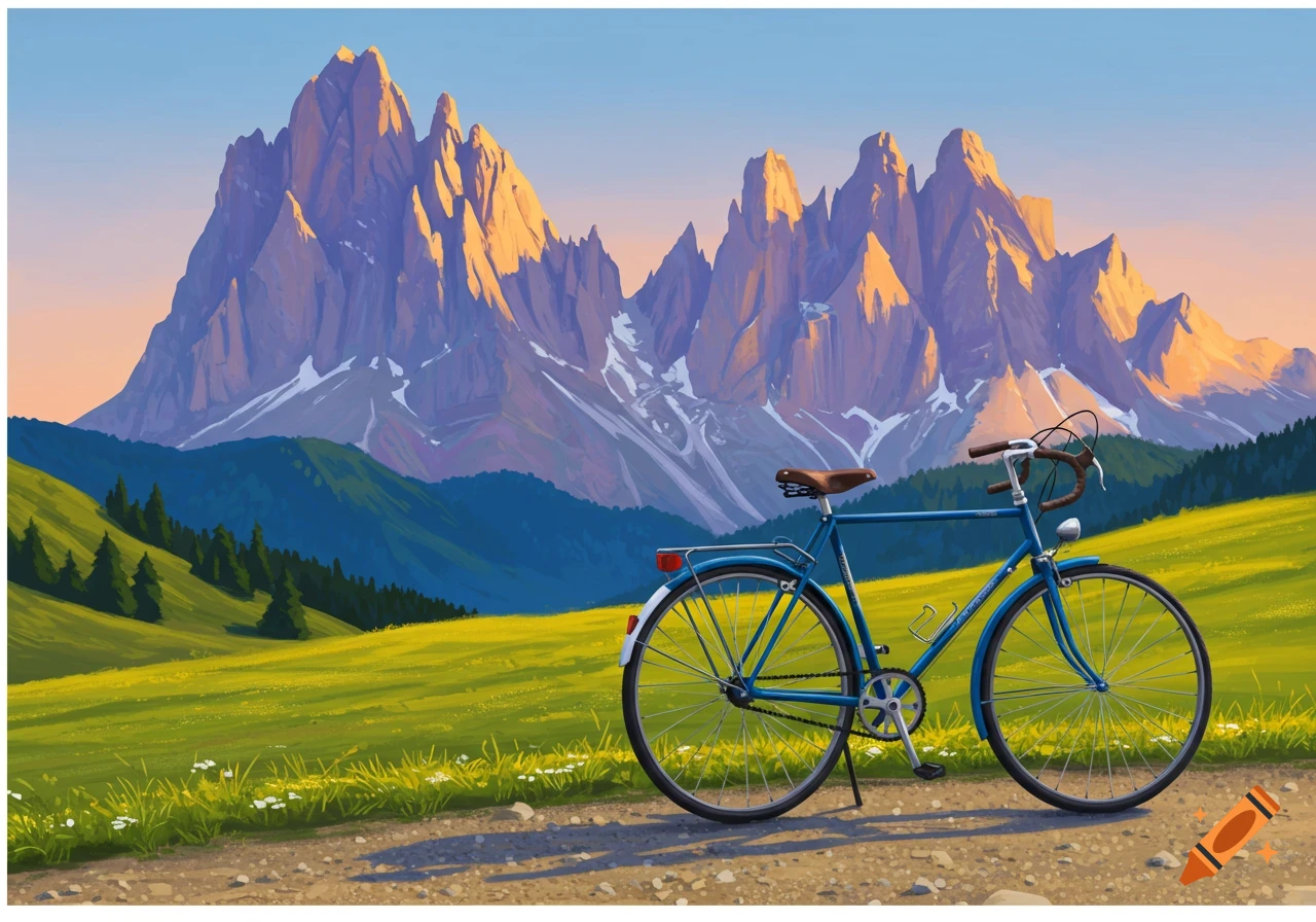 A blue bicycle rests on a dirt path in a grassy field before sunlit mountains, in a painterly style.