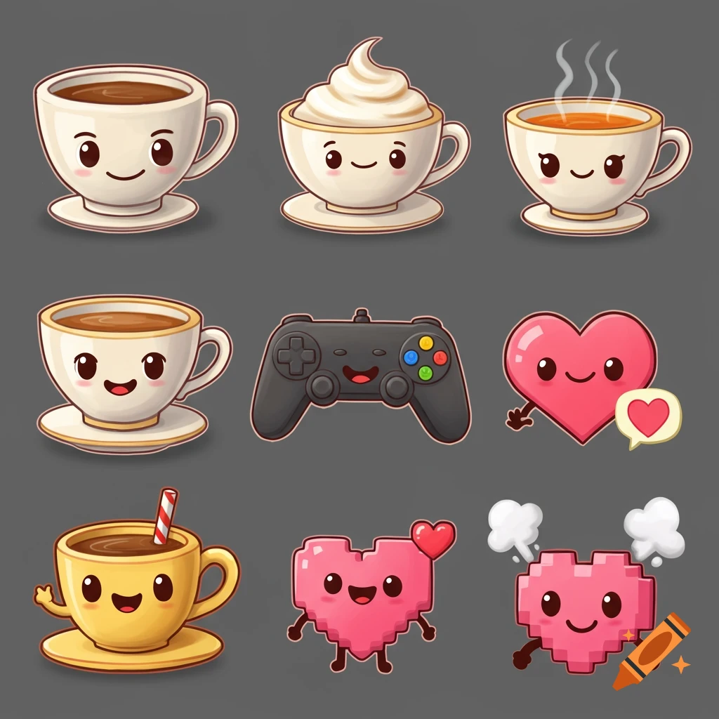 Cute cartoon emojis including coffee and tea cups, a game controller, and hearts.