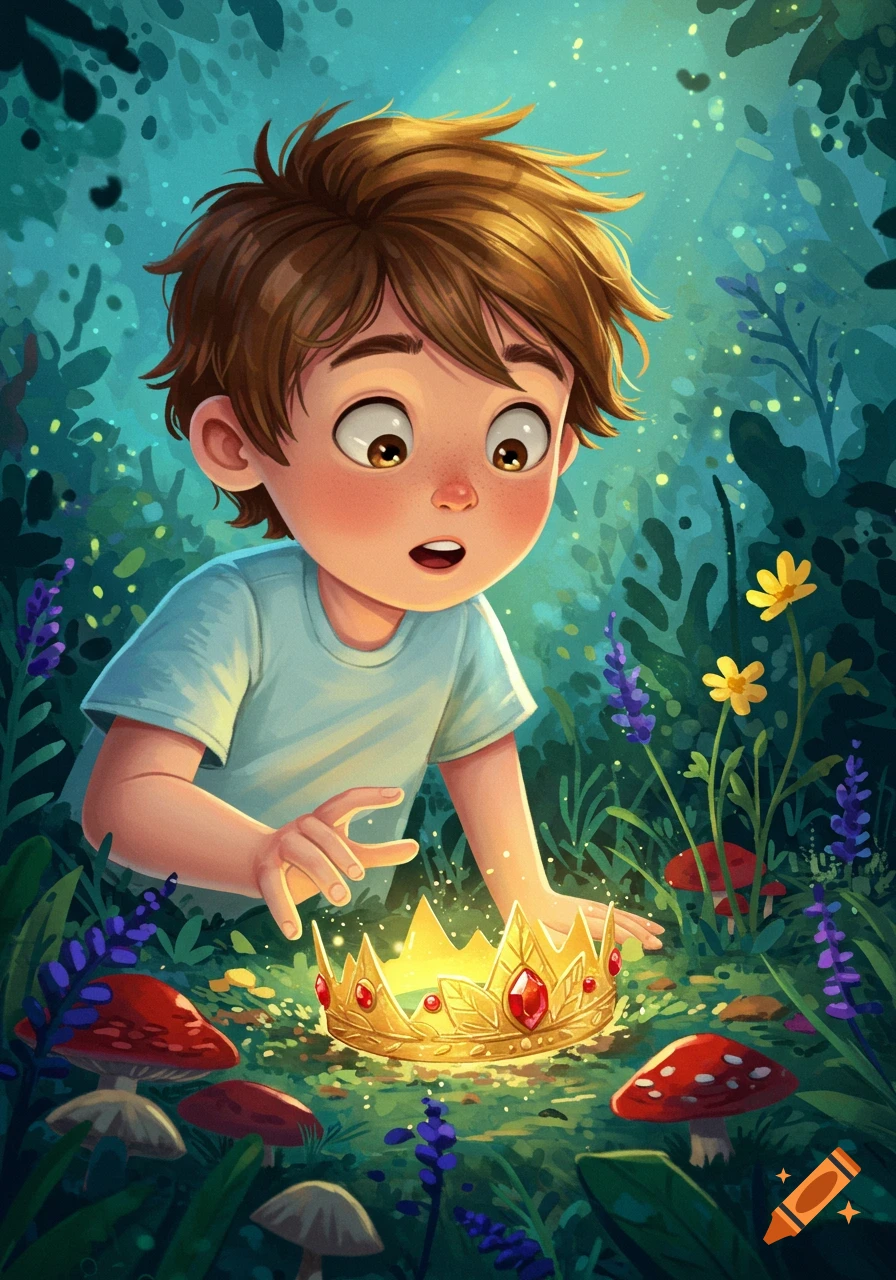 Cartoon illustration of a boy finding a golden crown in a magical forest.