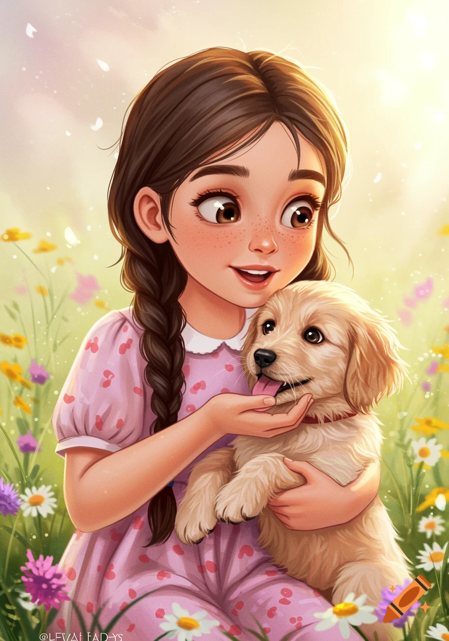 A cartoon girl holds a golden retriever puppy in a sunny field of flowers.