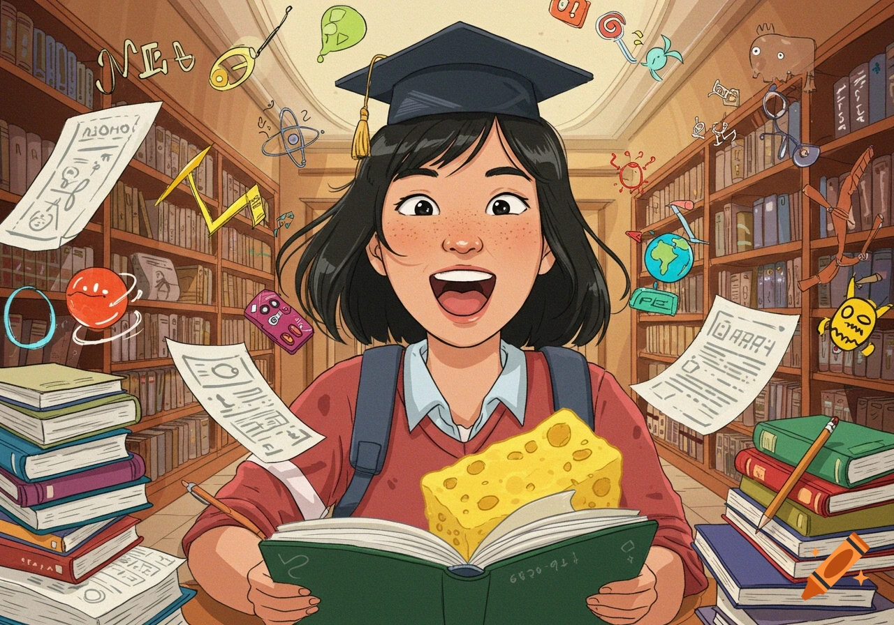 Cartoon illustration of an excited student reading a book in a library surrounded by learning symbols.