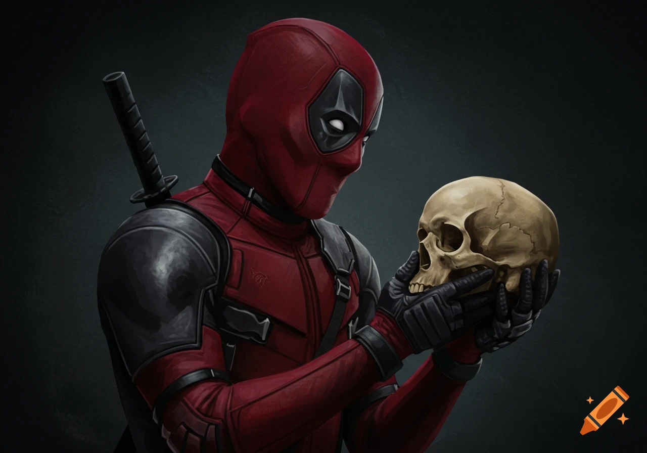 Illustration of Deadpool in costume holding a skull, referencing Shakespeare's Hamlet.