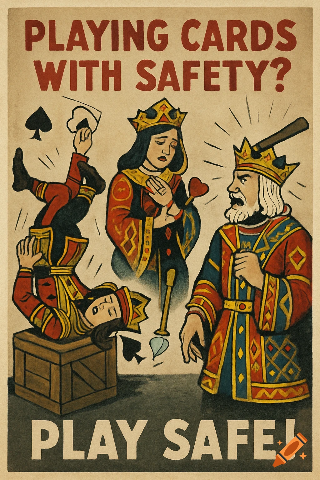 Vintage safety poster with playing card characters falling and injured, asking 'PLAYING CARDS WITH SAFETY?' and stating 'PLAY SAFE!'