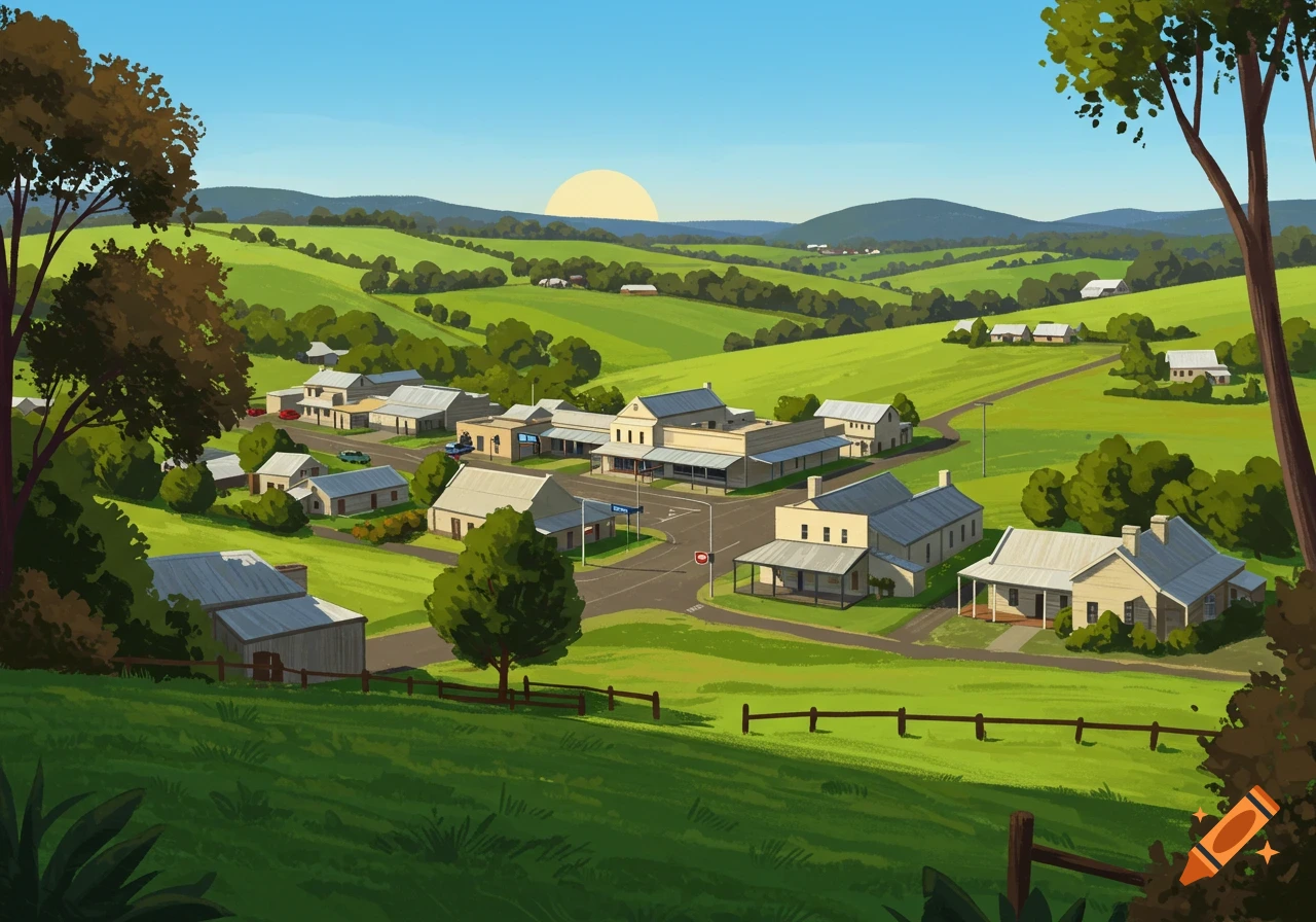 Illustration of a small town nestled in green rolling hills under a blue sky