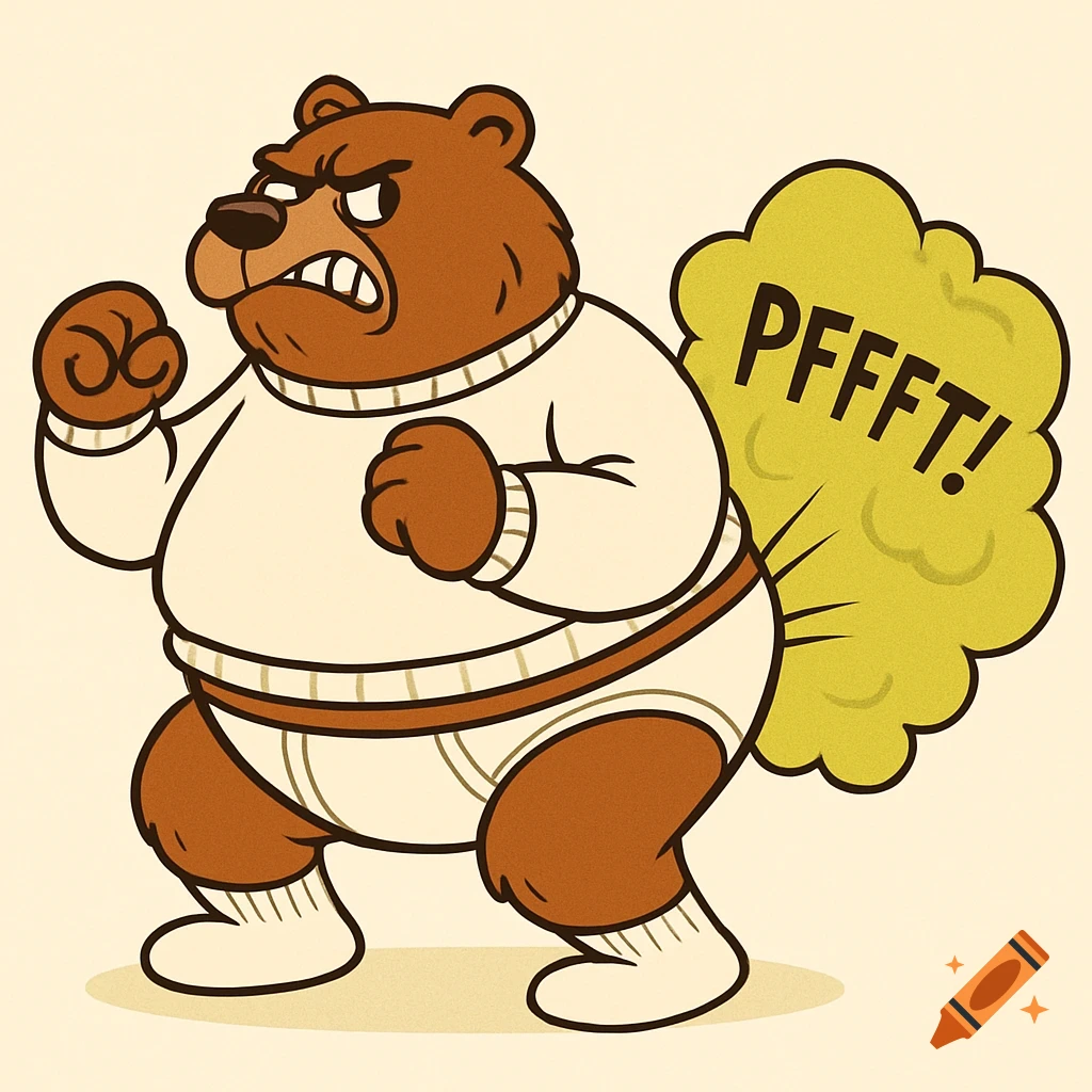 Cartoon bear in underwear farting with 'PFFFFT!' text