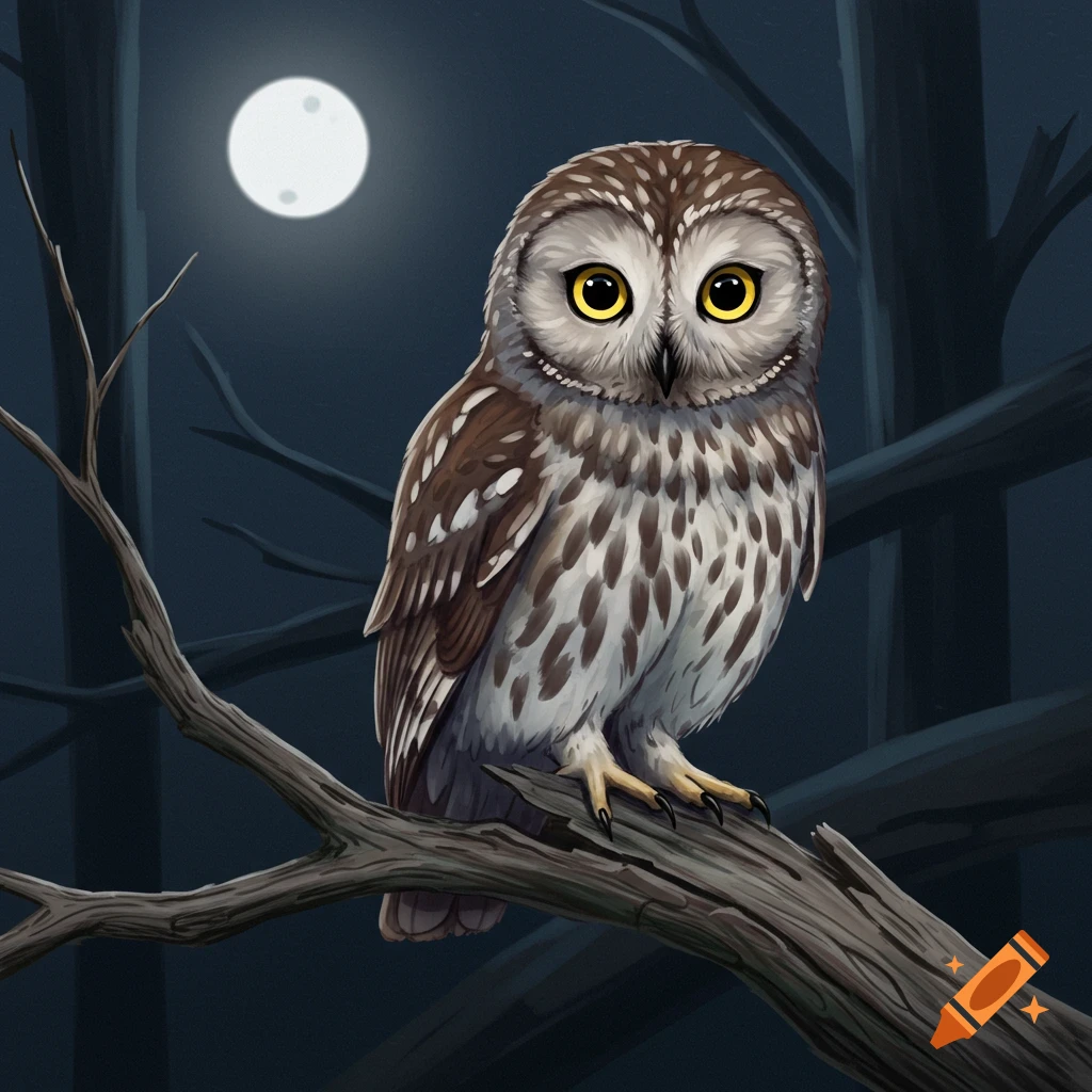 Illustration of an owl perched on a branch at night under a full moon.