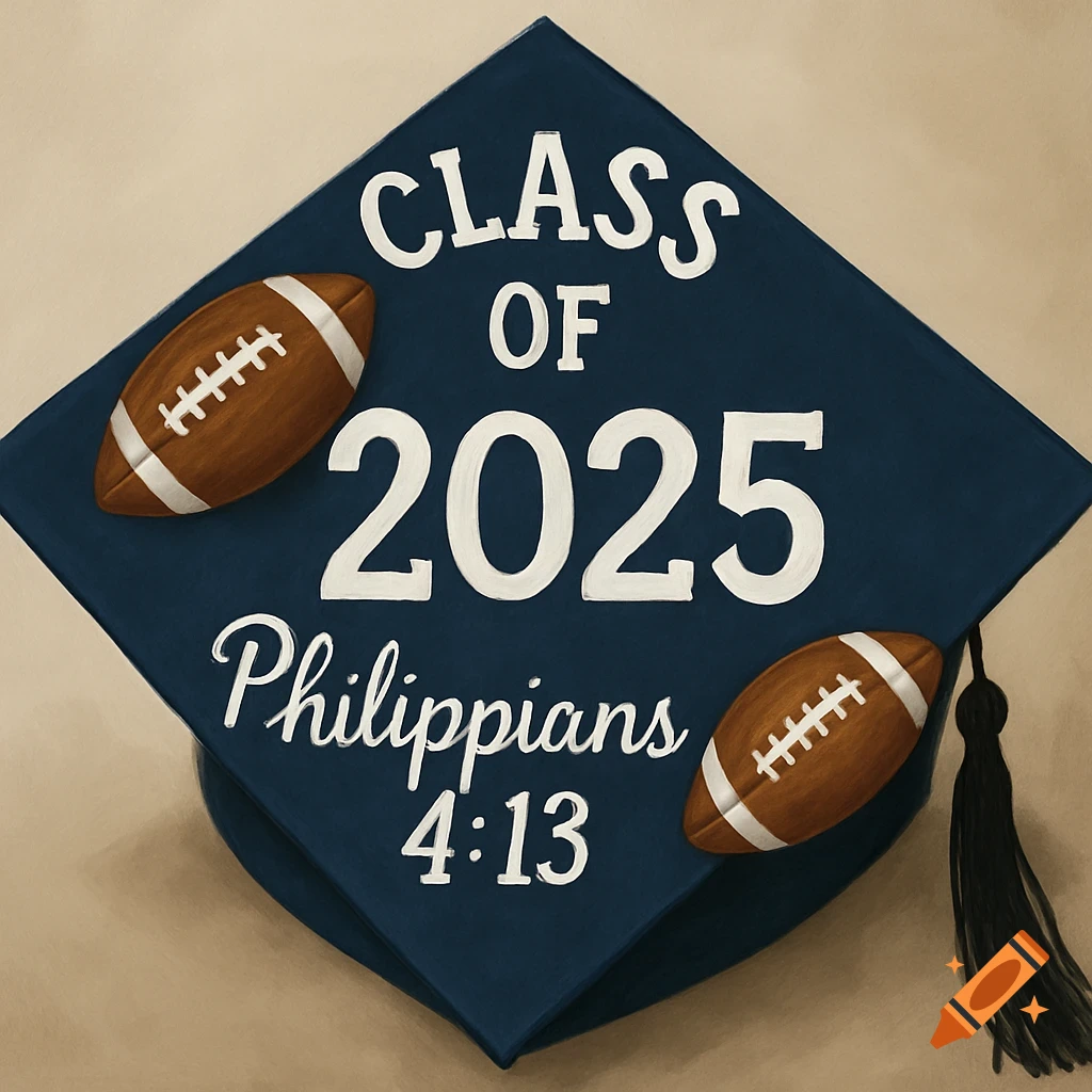 A dark blue graduation cap decorated with 'CLASS OF 2025 Philippians 4:13' and two footballs.
