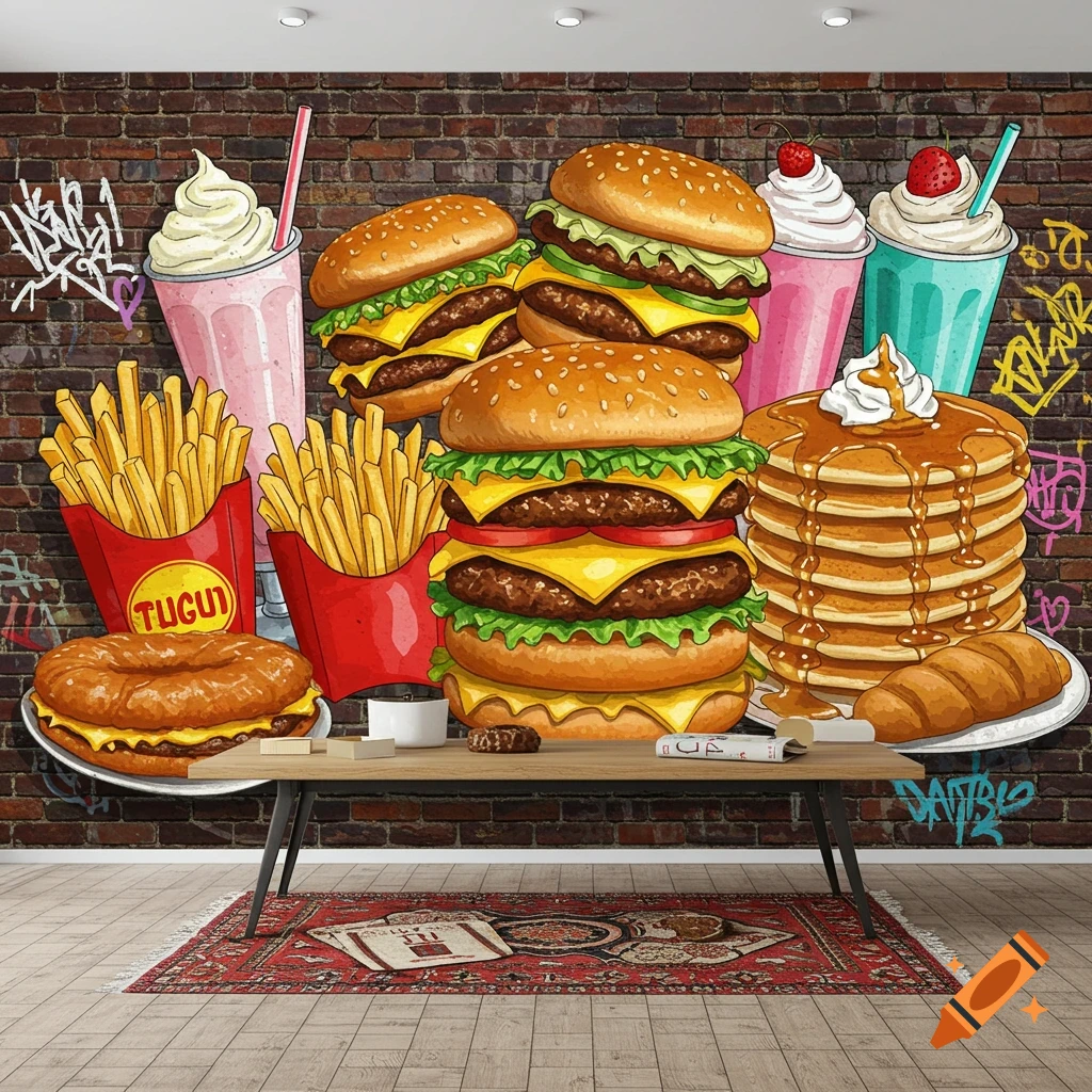 Cartoon style mural of giant burgers, fries, milkshakes, pancakes, and a croissant against a brick wall with graffiti.