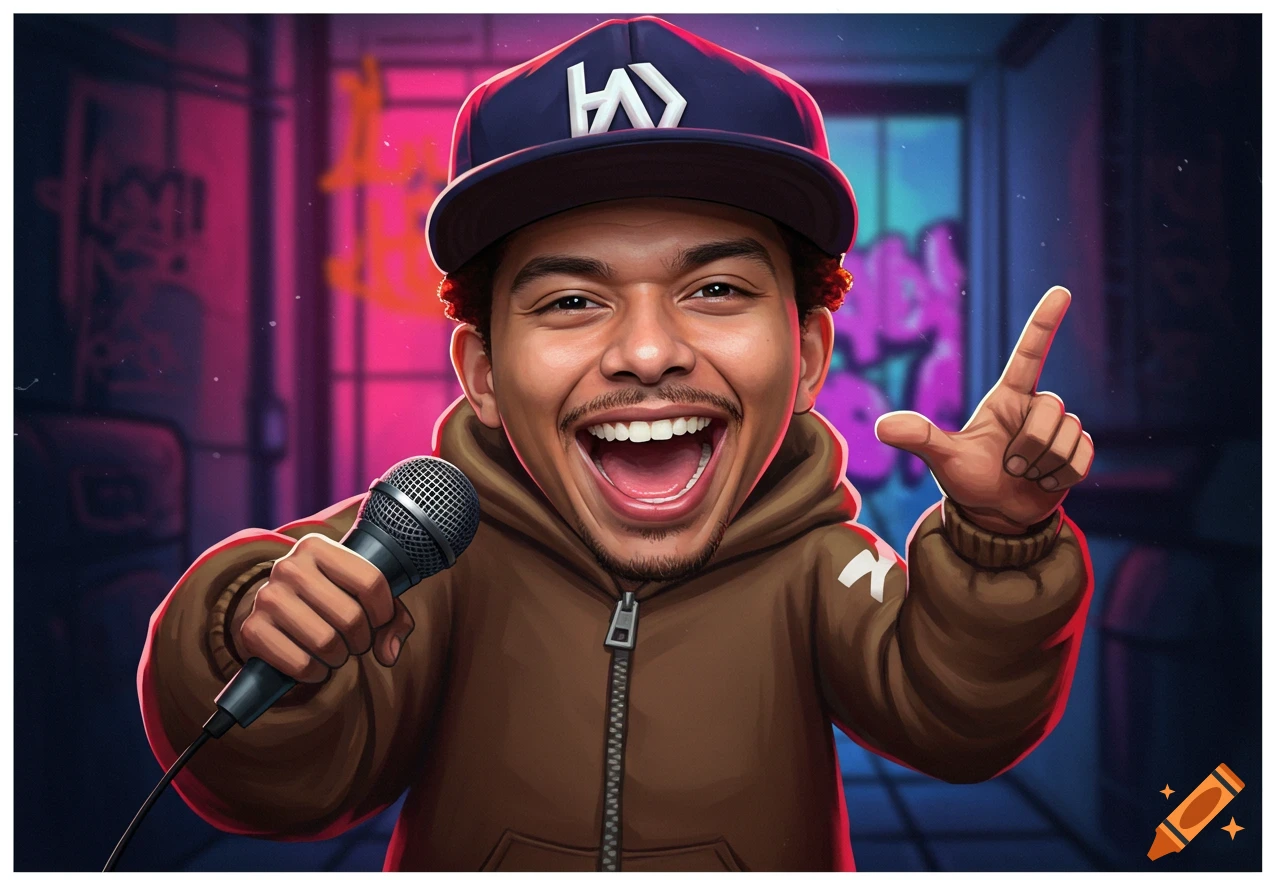 Cartoon caricature of a man holding a microphone in front of graffiti.