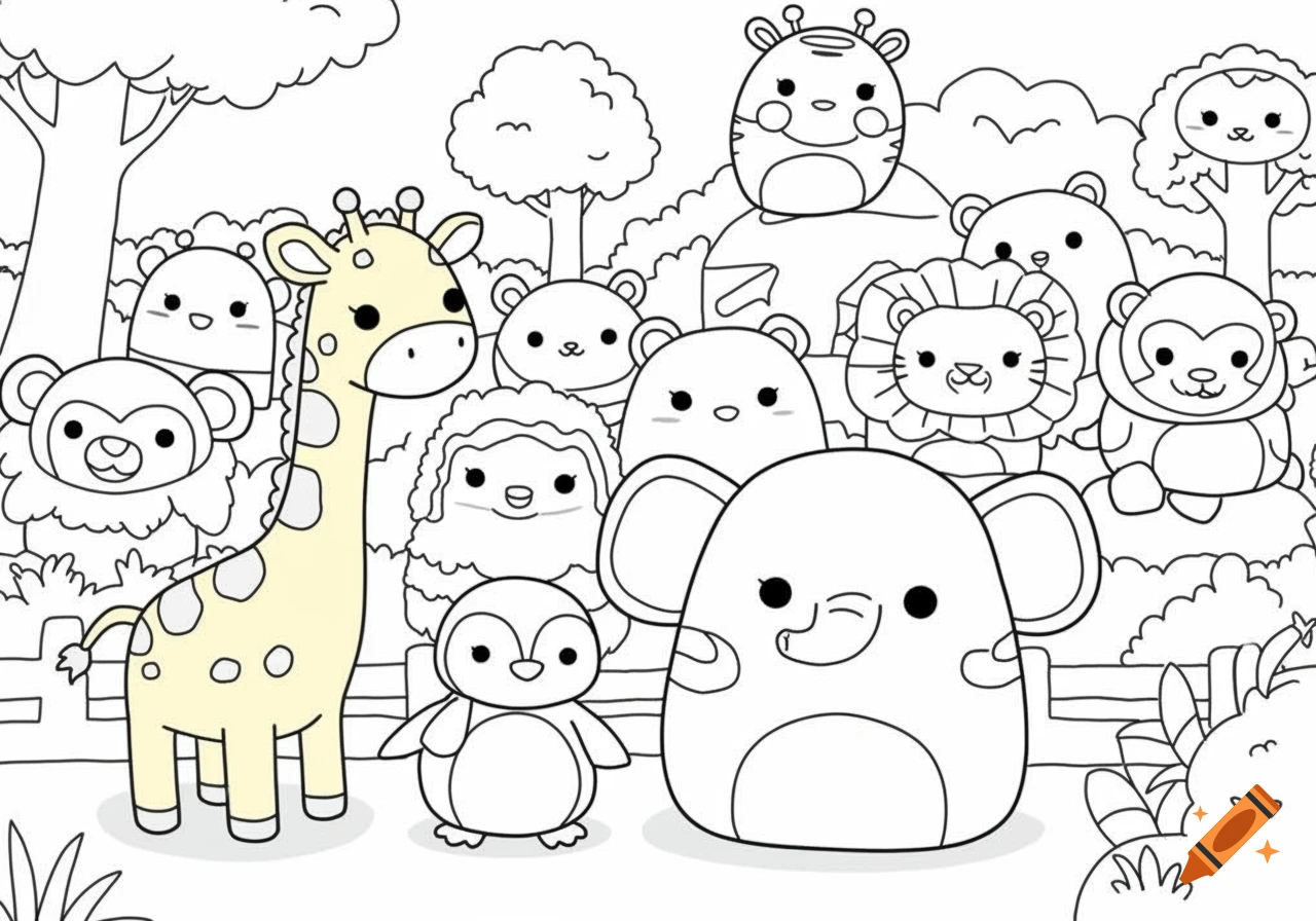Cartoon coloring page of Squishmallow-style animals at the zoo.