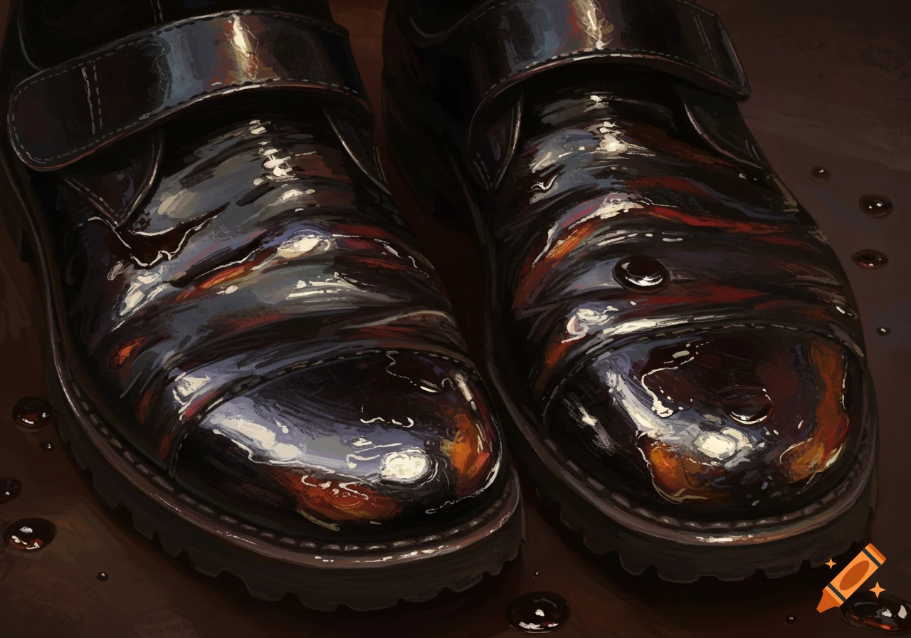 Close-up illustration of wet, shiny black shoes with water droplets.