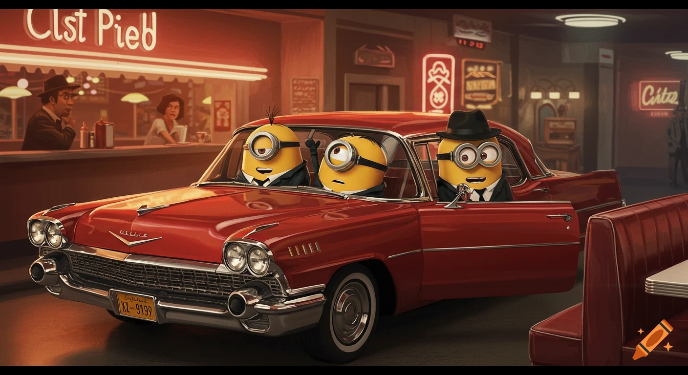 Minions in a red classic car parked outside a diner.