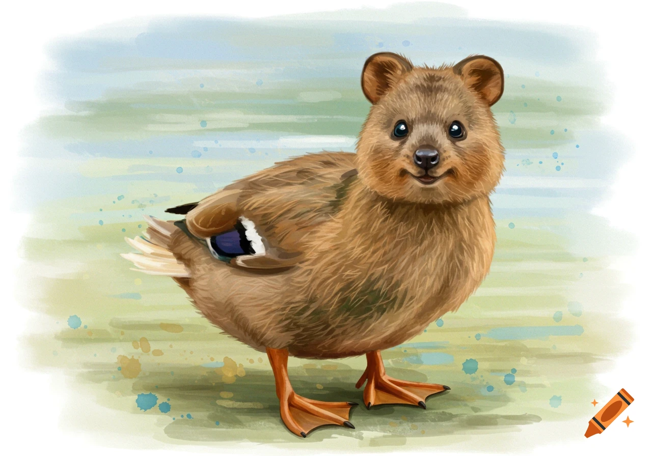 Digital painting of a fantasy creature with a duck body and quokka face.