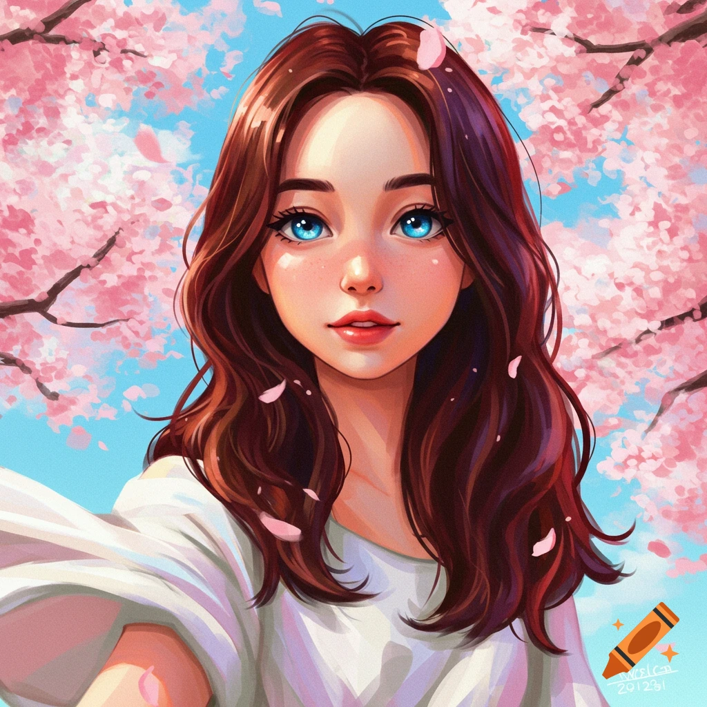 Anime-style portrait of a young woman with bright blue eyes and brown hair, smiling amidst pink cherry blossoms.