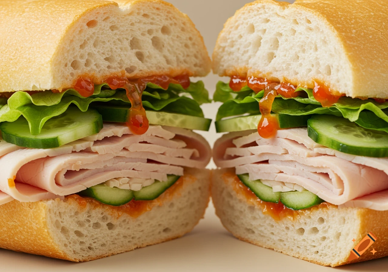 Close-up of a sub sandwich cut in half, filled with turkey, lettuce, cucumber, and sauce.