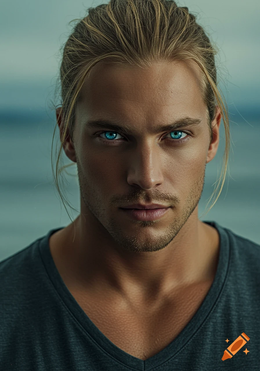 Close-up portrait of a handsome man with blond hair and striking blue eyes.