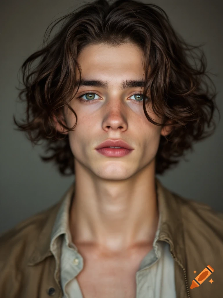 Close-up portrait of a young man with wavy brown hair and green eyes ...